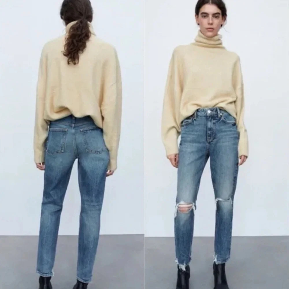 Zara Woman Distressed Jeans Denim Raw Hem High Waisted  Skinny Stretch Blue Sz 8